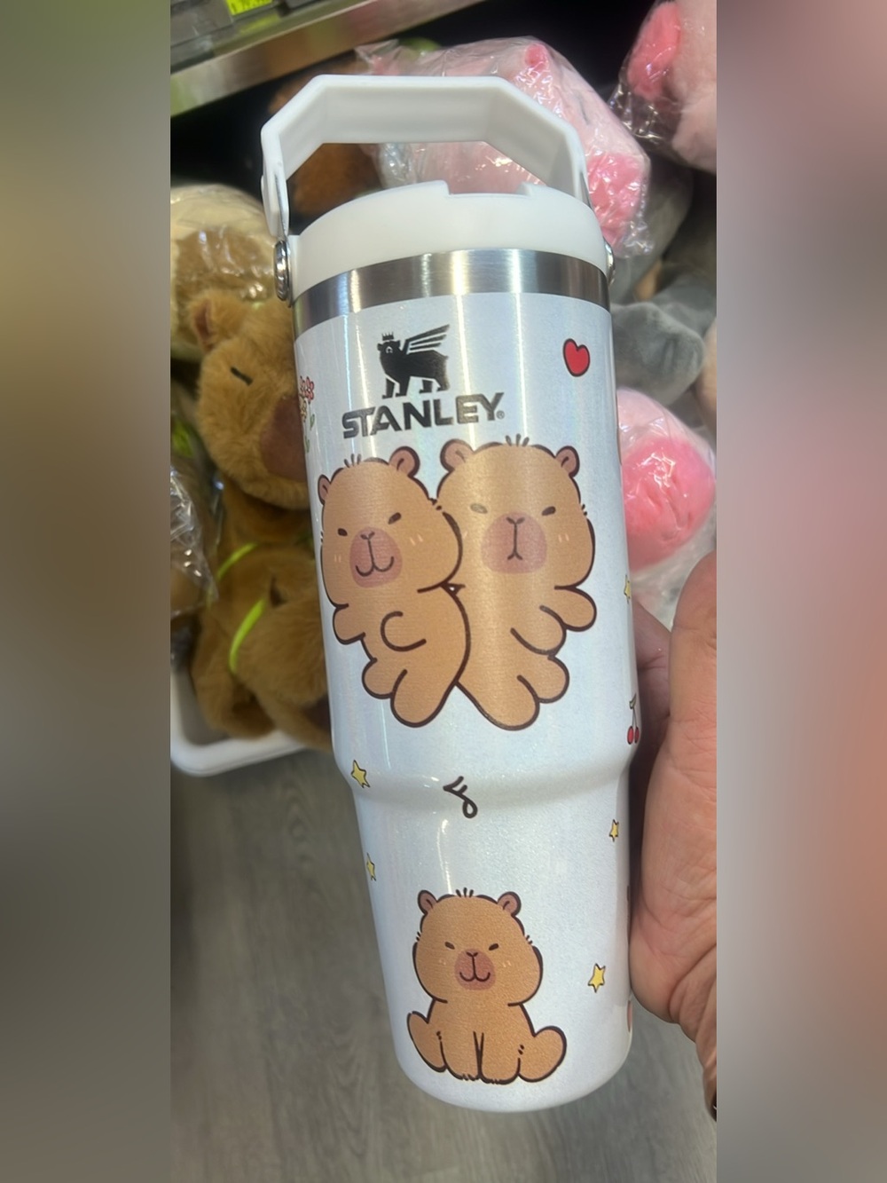 CAPIBARA Stanley White Travel Tumbler with Tan Bear Design and Red Accents